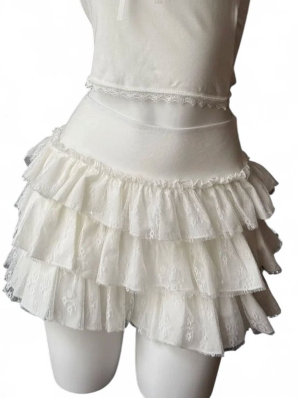 White Lace Tiered Ruffle Mini Skort with Shorts Size S
